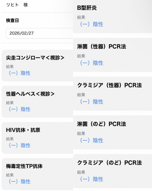 RIHITO（リヒト） 性病検査2/27 陰性ღ꜀( ꜆ˆ -  -ˆ)꜆